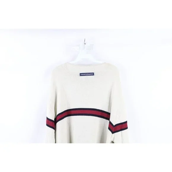 NOS Vtg Phat Farm Mens 2XL Striped Spell Out Script Marled Knit Sweater Cream